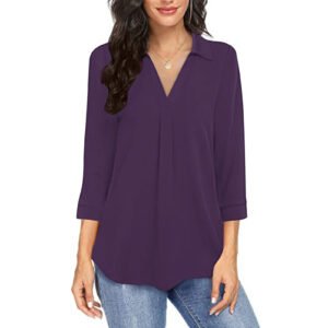 women v neck loose shirt plus size solid color summer top